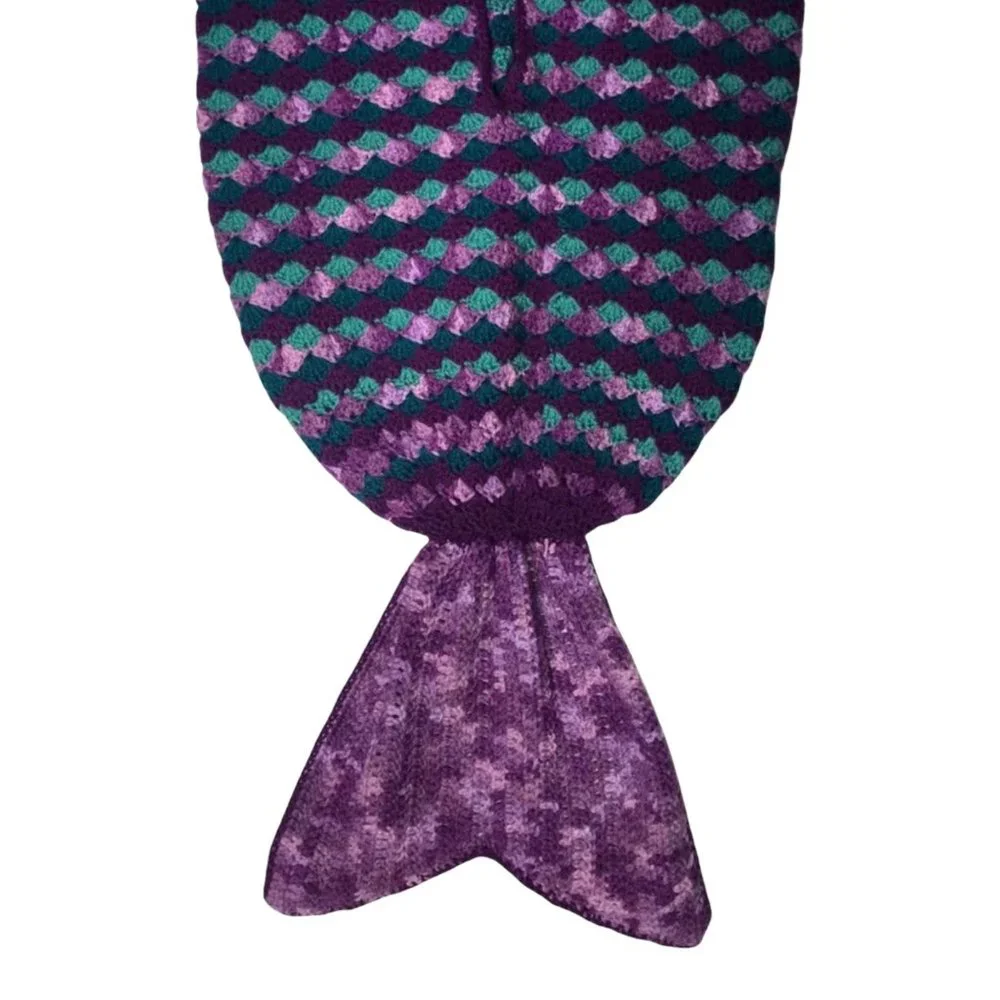 Handmade Hand Crafted Purple Green Diamond Mermaid Tail Throw Blanket 63x20